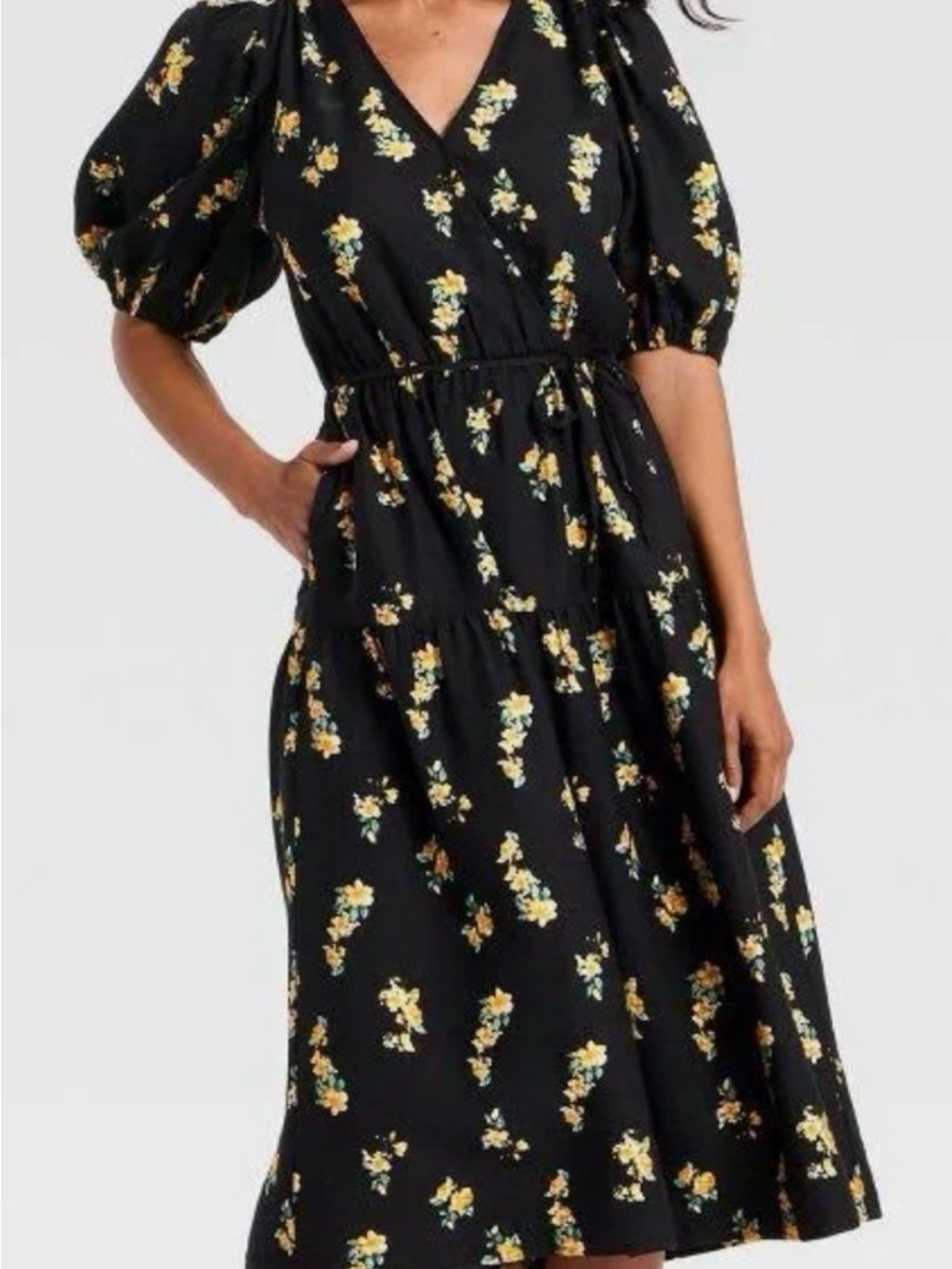 Black Floral V-Neck Puff Sleeve Midi Dress
